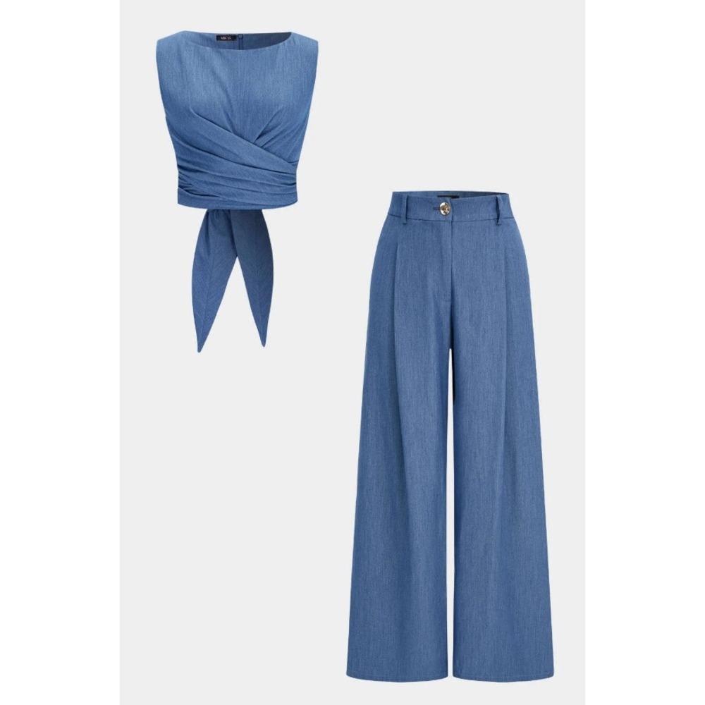 Micas XS Blue Linen Round Neck Back Crossed Tie Tank Top and Wide Leg Pant Set